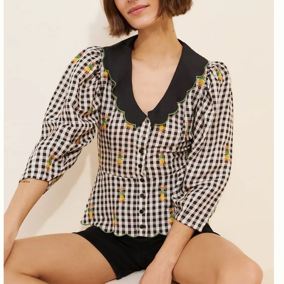 FARM Rio Tops - Farm Rio x Anthropologie Cottage Gingham Peter Pan Top Embroidered Pineapples